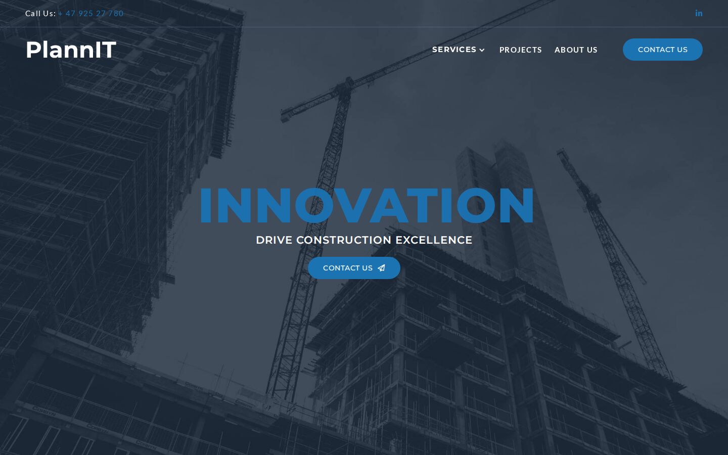 Forsiden til plannit.no med byggekraner og overskriften Innovation